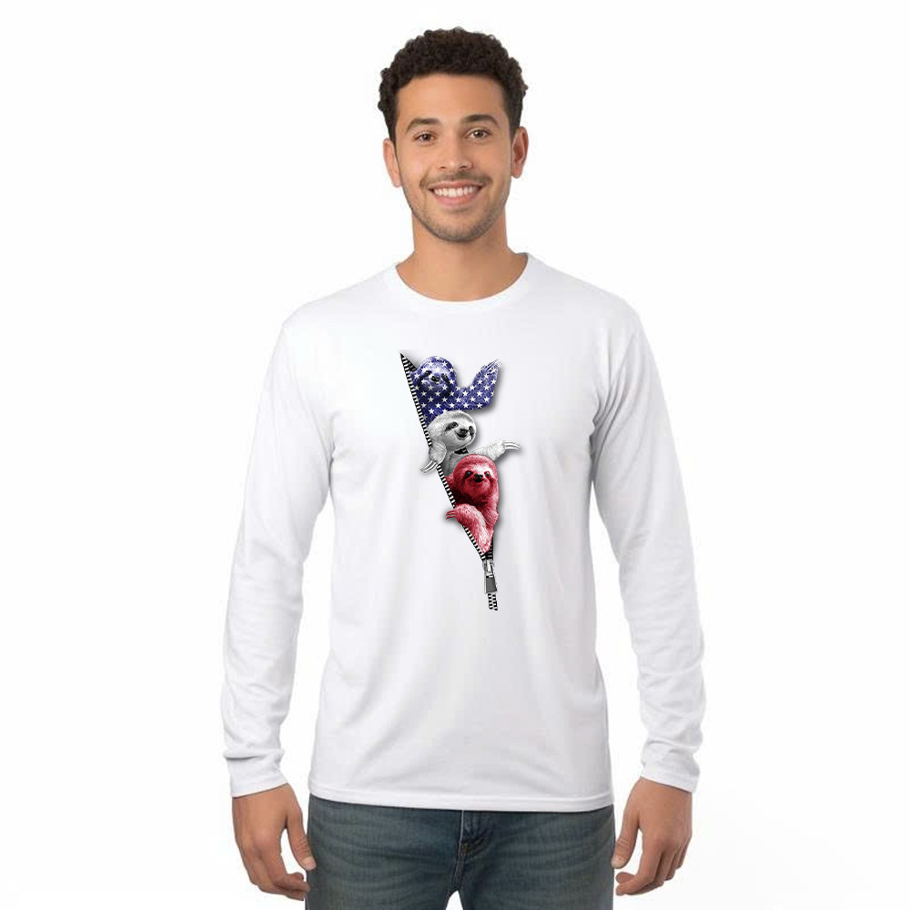 Three Sloths American Long Sleeve Shirt Patriotic Cute Sloths Tee Shirt 4Th Of July Gift For Siblings